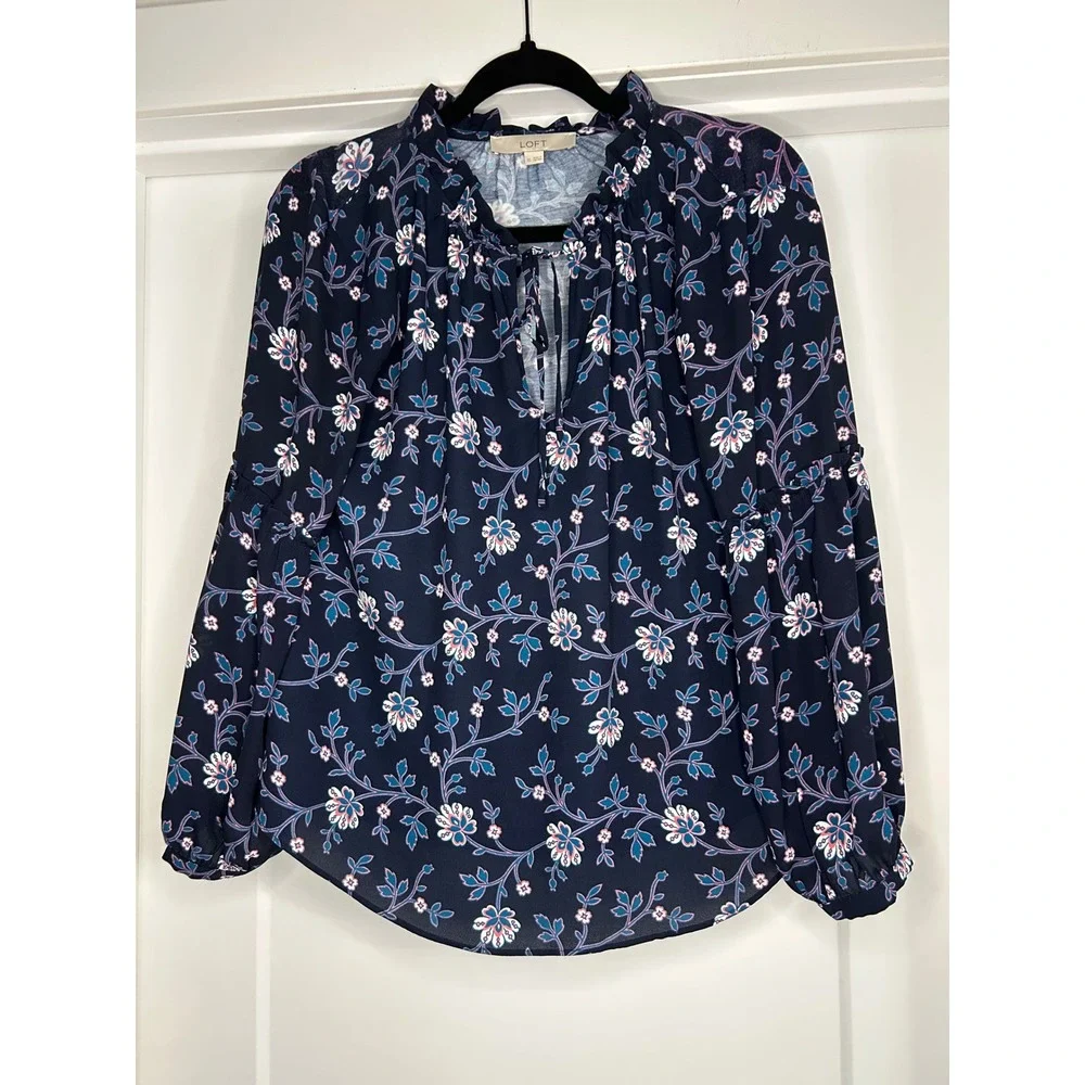 LOFT Navy Blue Floral Ruffle‎ Split Neck Long Sleeve Blouse XS Navy Pink Teal